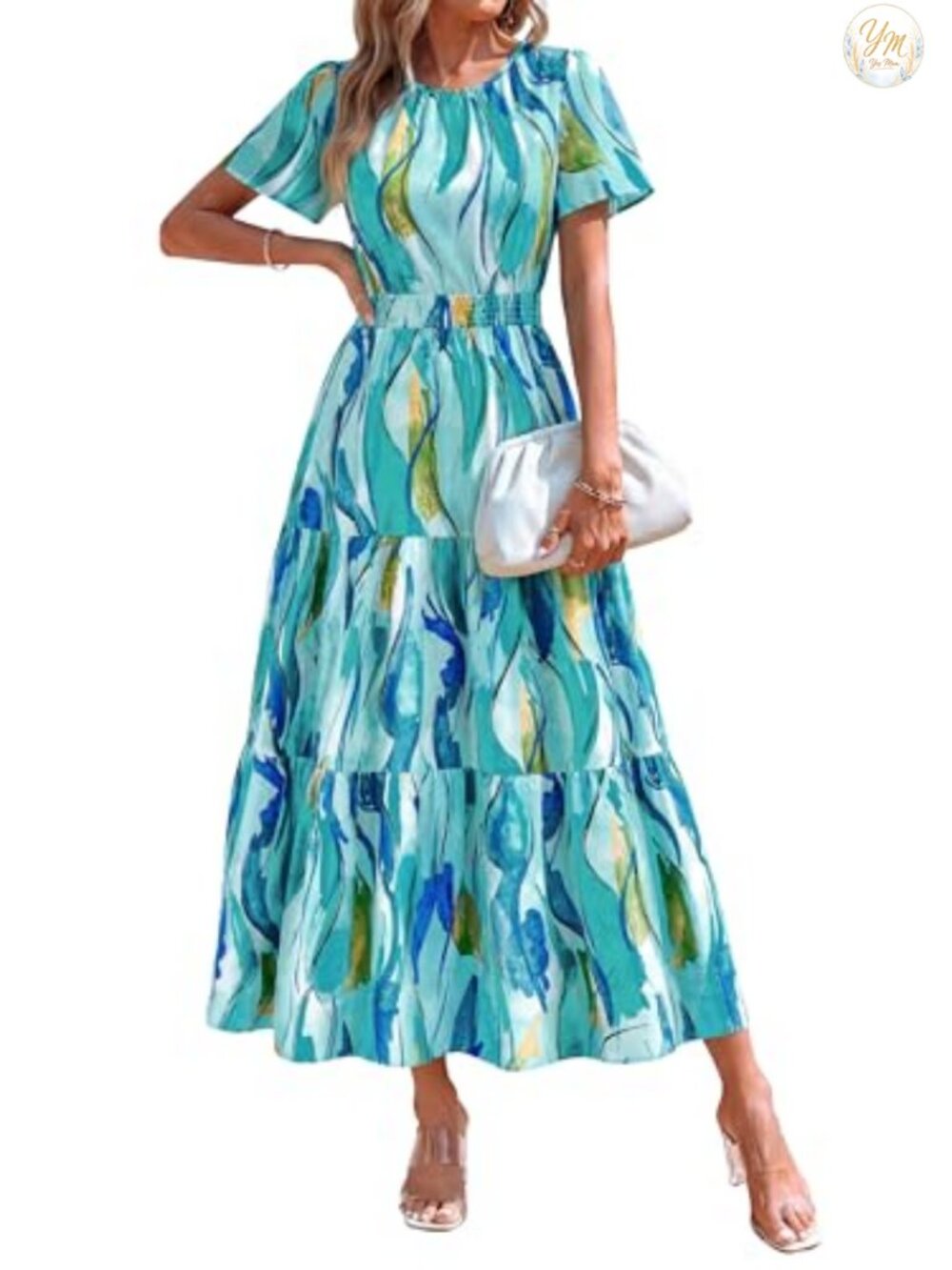 Women's Smocked Boho Floral A-Line Maxi Dress Flutter Sleeve Beach